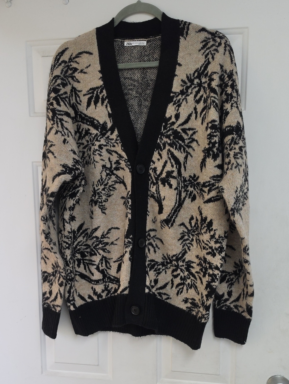 Zara Black & Beige Botanical Jacquard Cardigan